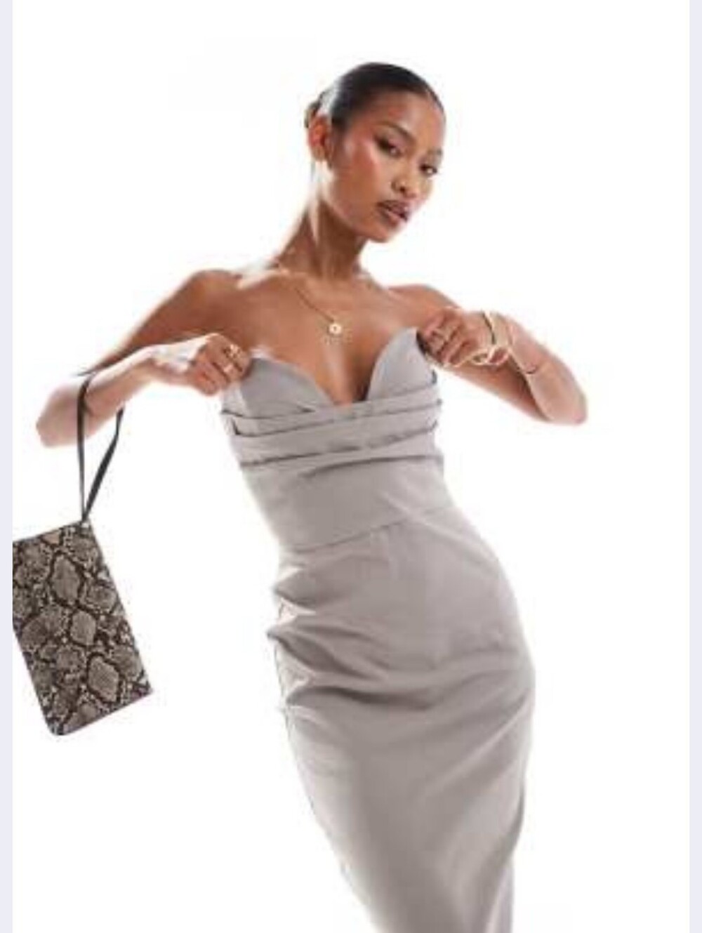 Strapless Sweetheart Midi Dress in Light Gray